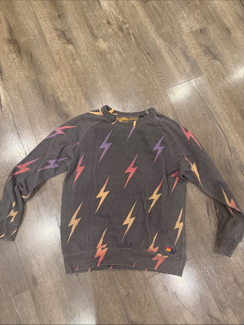 Aviator Nation Charcoal Crewneck with Pink, Purple & Tan Lightning Bolts